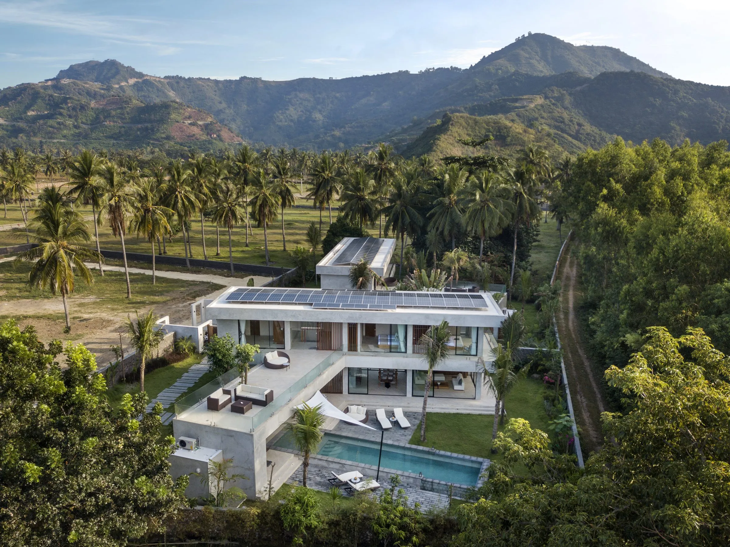 Villa Serangan from above with infinity pool, gardens and ocean